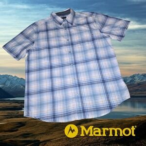 Marmot Button Up Shirt Mens Short Sleeve Technical Slate Blue Plaid Large